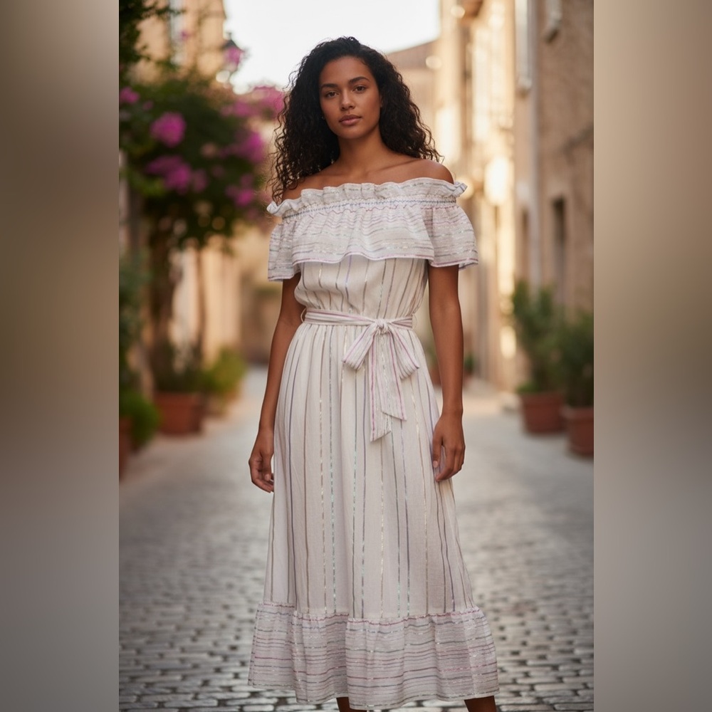 A La Plage Cinq a Sept Off the Shoulder Ruffle Metallic Stripe Dress Size S